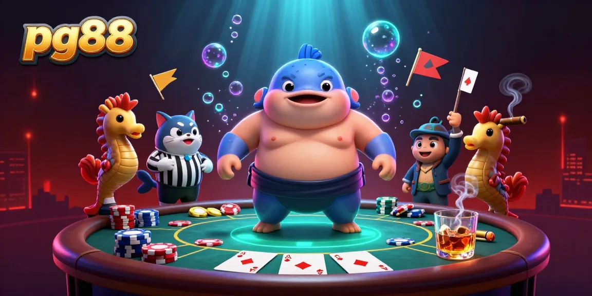 Poker battle scene with pg88-themed fugu and catfish referee amidst vibrant casino elements