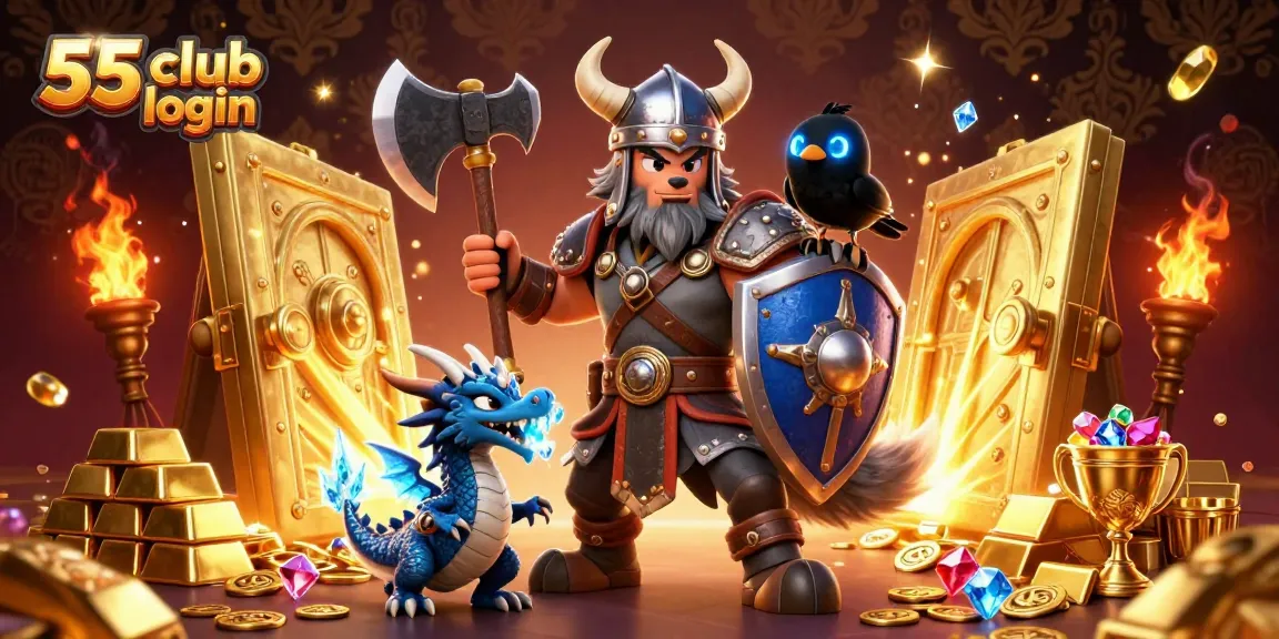 Engage with 55 club login for a thrilling online gaming experience featuring Viking and dragon characters.