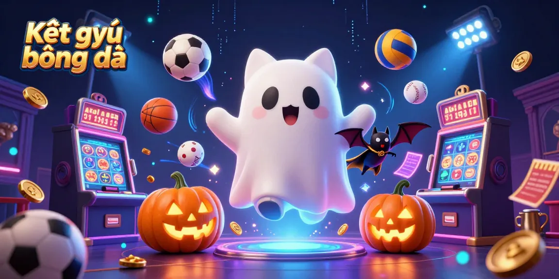 Kết quả bóng đá animated scene shows a ghost cat and vampire bat in a haunted casino surrounded by sports elements.