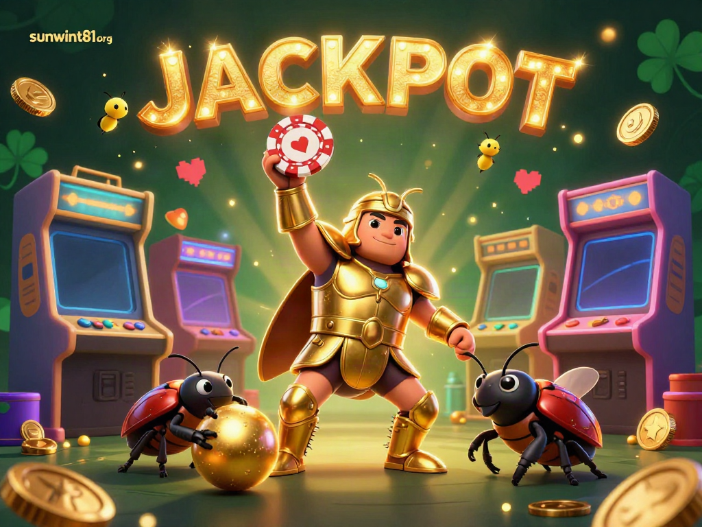 Engage with sunwint81org for lucky wins in a vibrant casino-themed 3D illustration celebrating gaming action.