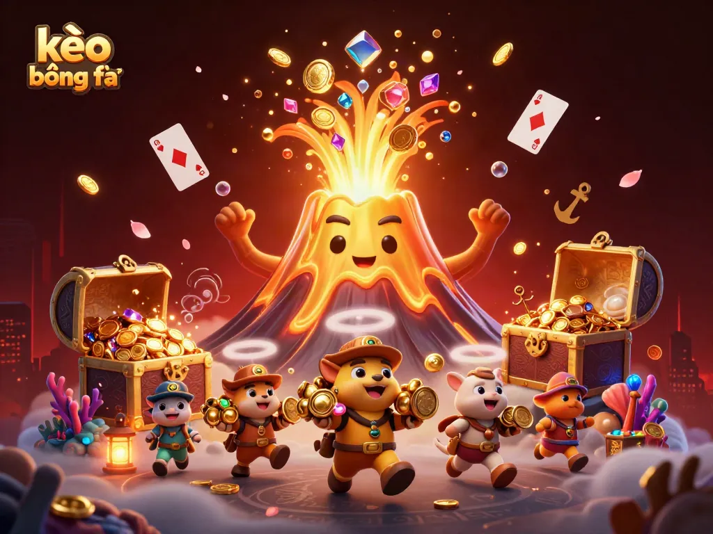 Experience kèo bóng đá excitement with a golden volcano erupting treasures in a thrilling casino scene.