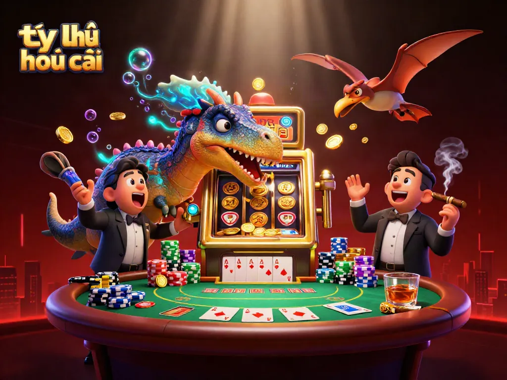 Experience the excitement of tỷ lệ nhà cái with a colorful 3D casino scene featuring dinosaurs and jackpot wins.