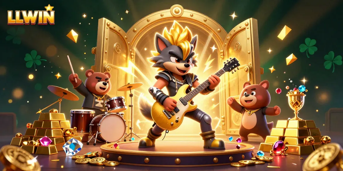 Engage with LLWIN's vibrant 3D casino world featuring a rock star wolf and golden treasures.