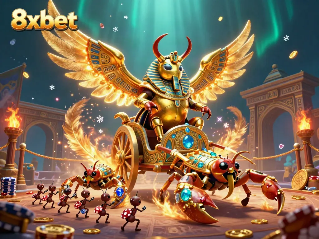 Engage with 8xbet's thrilling gaming world featuring a golden beetle and scorpions.