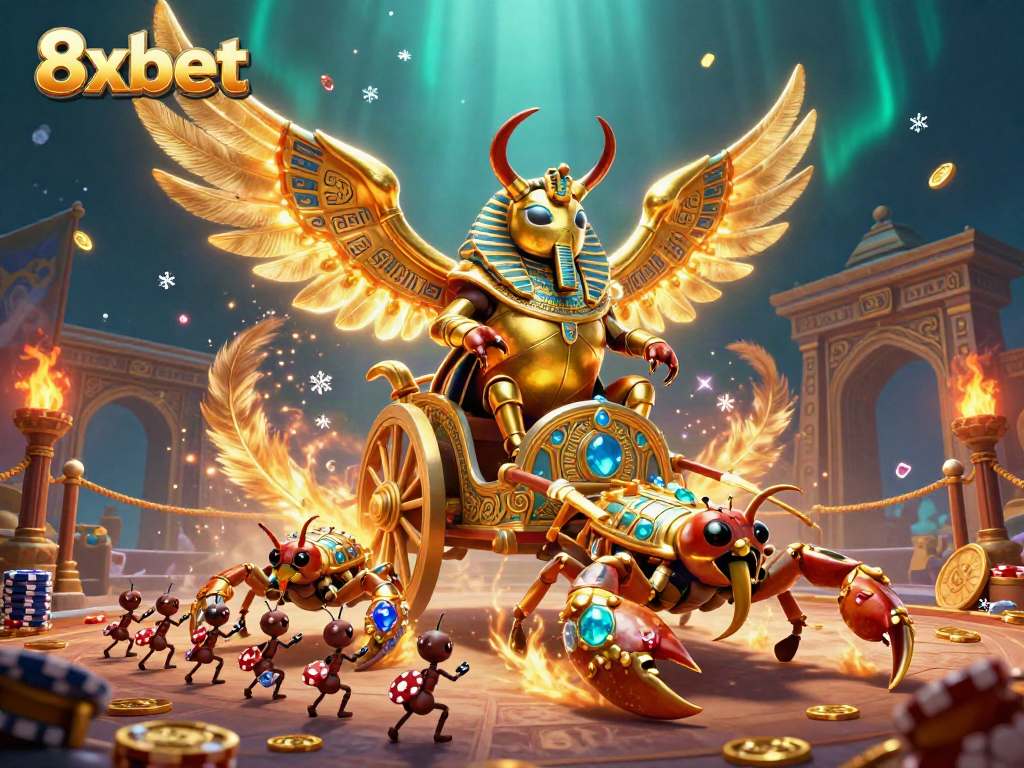 Engage with 8xbet's thrilling gaming world featuring a golden beetle and scorpions.
