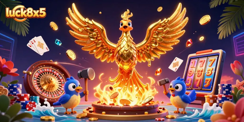 Spin to win at luck8x5 with a dynamic 3D phoenix and casino elements in a vibrant scene.