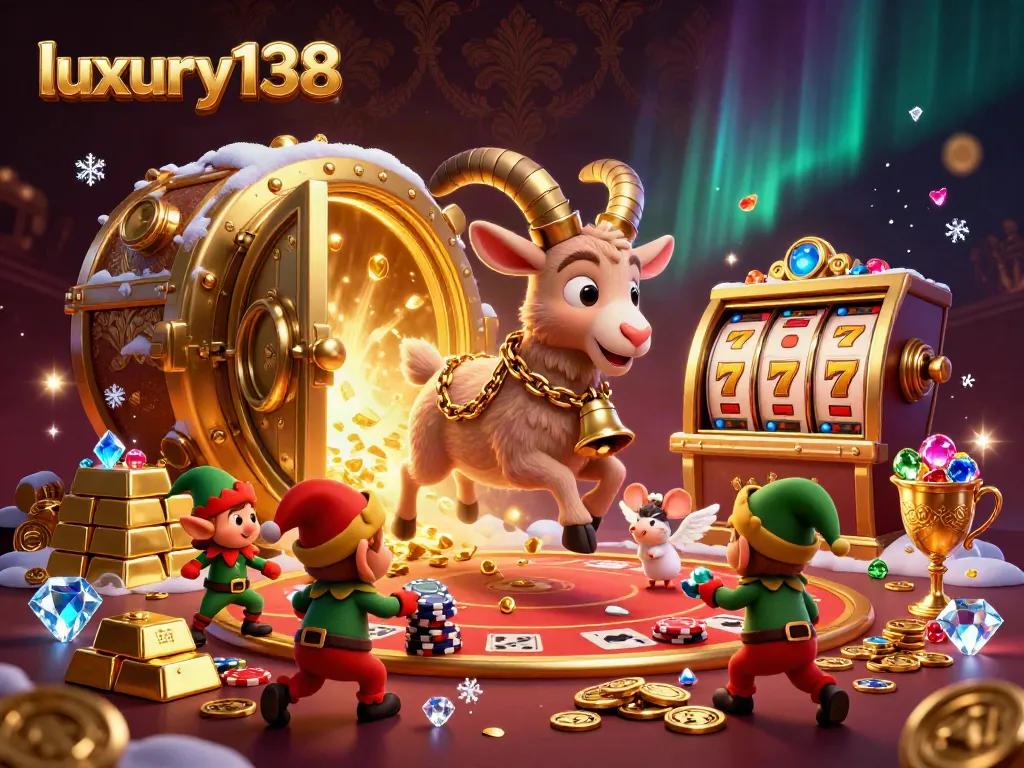 Experience the excitement of luxury138's vibrant casino scene featuring a festive Krampus chasing gremlin thieves.