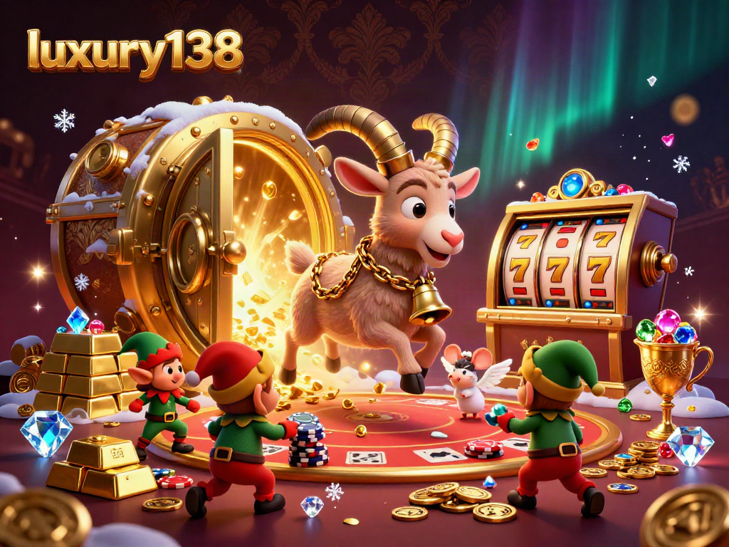 Experience the excitement of luxury138's vibrant casino scene featuring a festive Krampus chasing gremlin thieves.