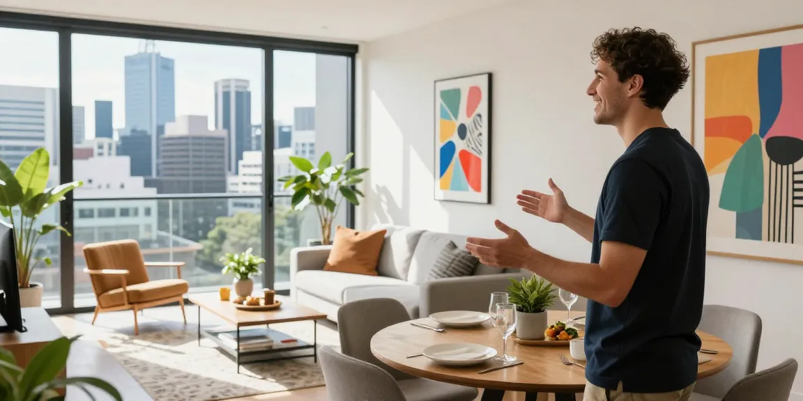 Melbourne short-term rental management inviting scene with stylish apartment, host welcoming guests and vibrant interior.