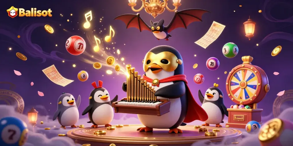 Experience the vibrant world of Balislot with a dynamic scene featuring a cartoon penguin playing a golden pipe organ surrounded by colorful game elements.