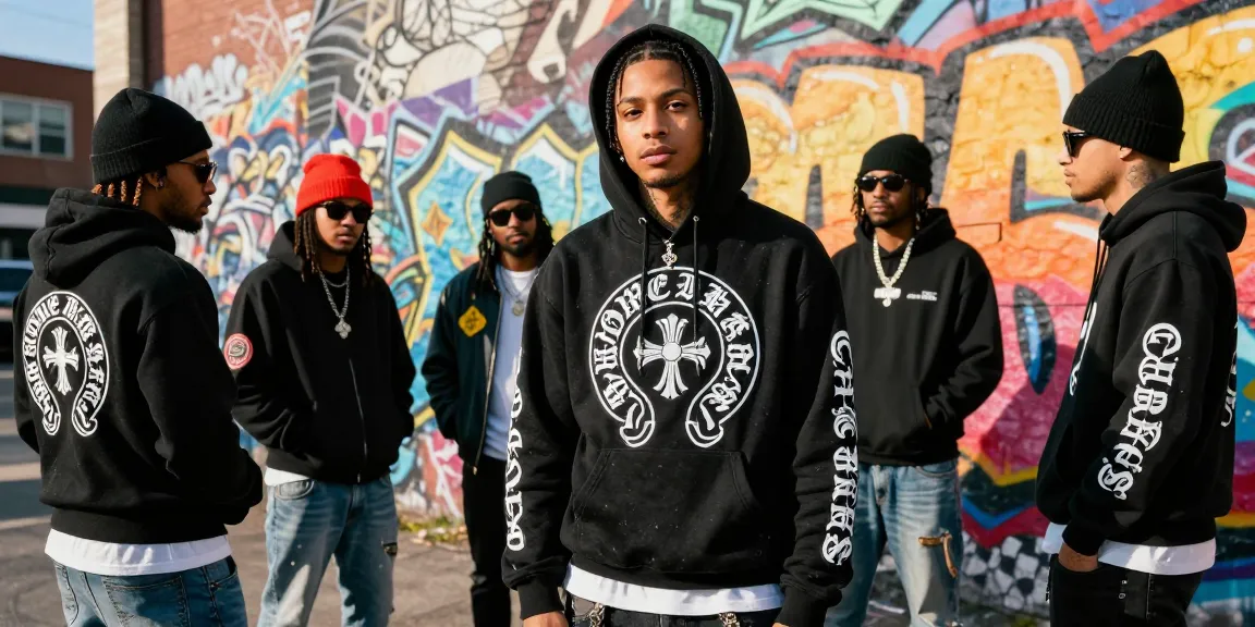 Stylish individual showcasing Chrome Hearts clothing in urban setting with creative graffiti, emphasizing luxury streetwear.