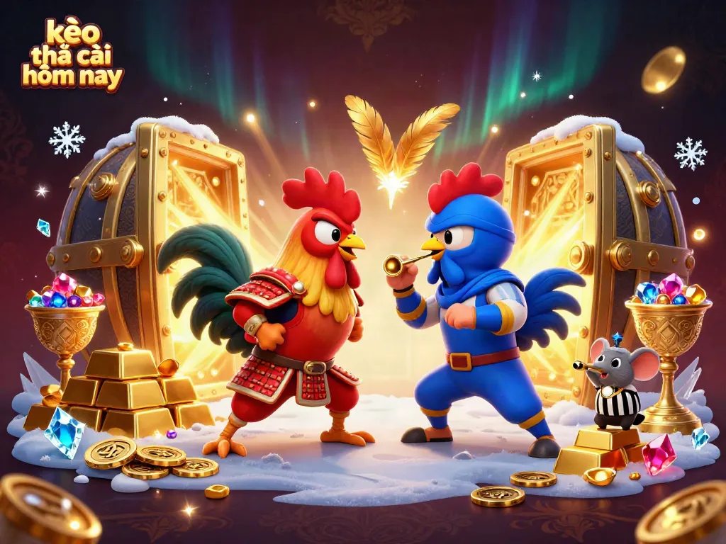 Engage in kèo nhà cái hôm nay with dynamic roosters symbolizing fierce betting action amidst treasure and excitement.