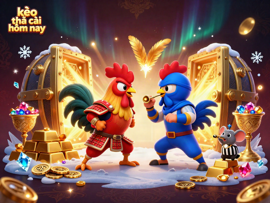 Engage in kèo nhà cái hôm nay with dynamic roosters symbolizing fierce betting action amidst treasure and excitement.