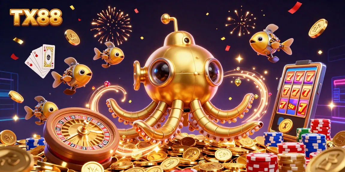 Experience excitement with TX88 as a golden kraken submarine and mechanical fish thrive amid cascading casino treasures.