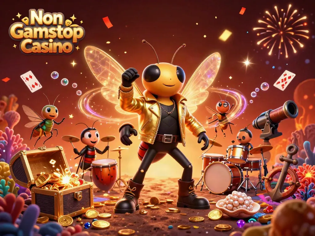 Experience the thrill of a Non Gamstop Casino in this vibrant 3D illustration showcasing dynamic characters and game elements.