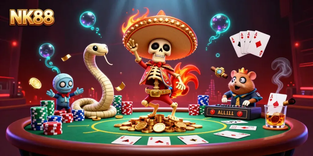 Join the excitement at NK88 with a vibrant casino scene filled with colorful poker elements.
