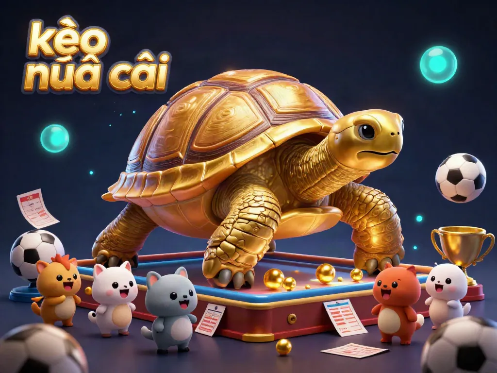 Engage with kèo nhà cái in this vibrant 3D scene showcasing a golden tortoise and sports betting elements.