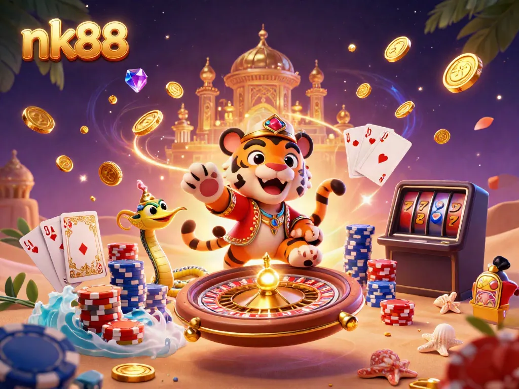 Experience the magic of nk88 with a tiger sultan on a poker chip carpet amidst dazzling casino elements.