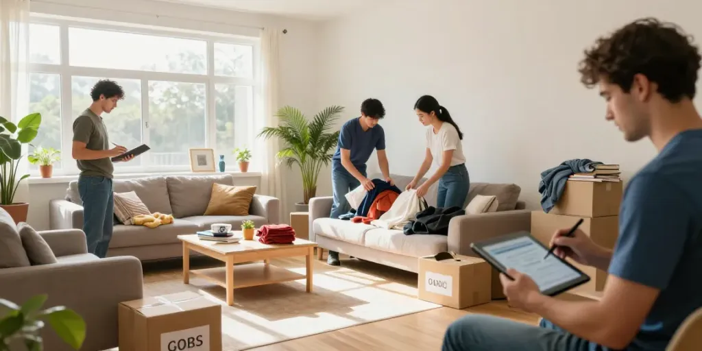 House Clearance Edinburgh team professionally sorting personal belongings in a bright living room.