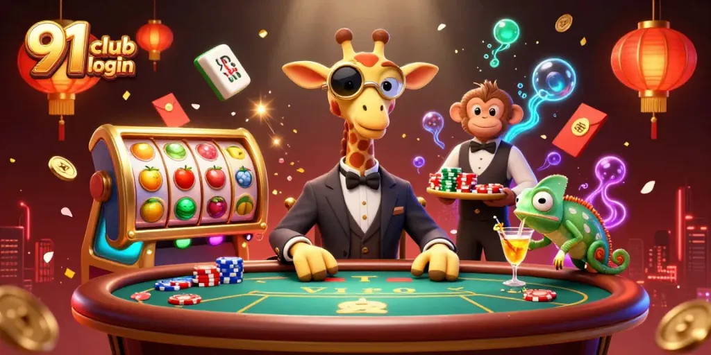 Engage with 91 club login through thrilling card games, showcasing vibrant casino elements and characters.