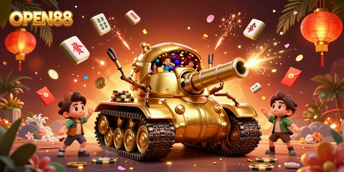 Experience thrilling gameplay with OPEN88's unique casino-inspired golden beetle tank illustration.