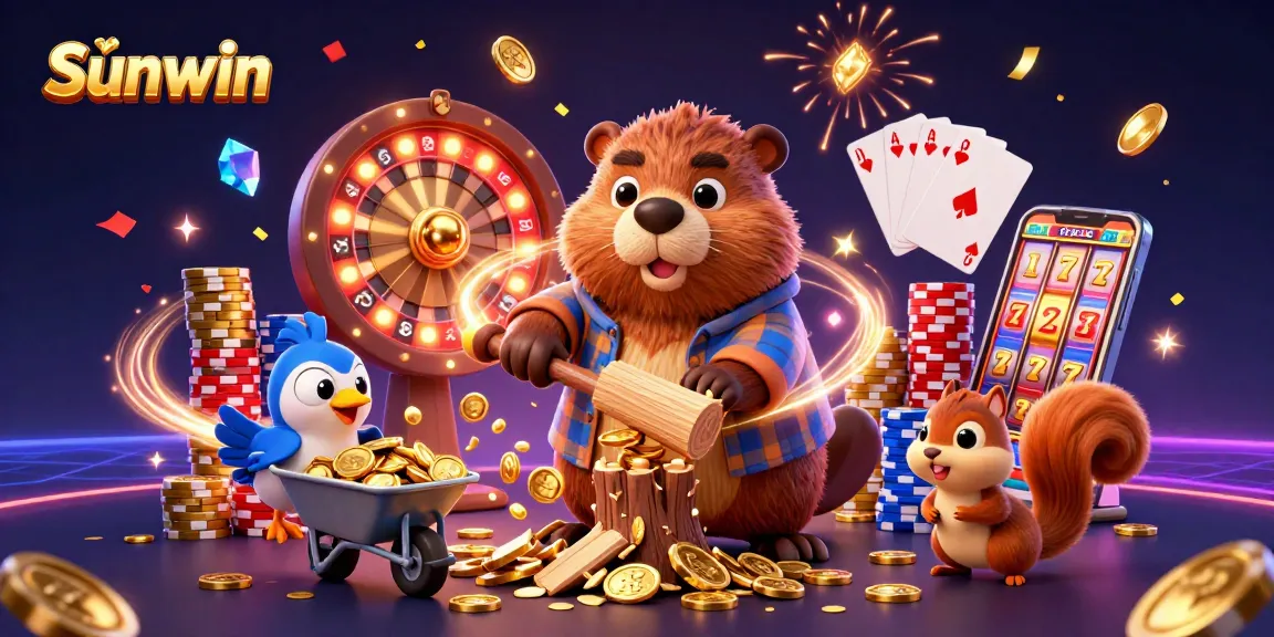 Experience thrilling wins at Sunwin with this vibrant casino-themed scene featuring cartoon characters and dynamic gaming elements.