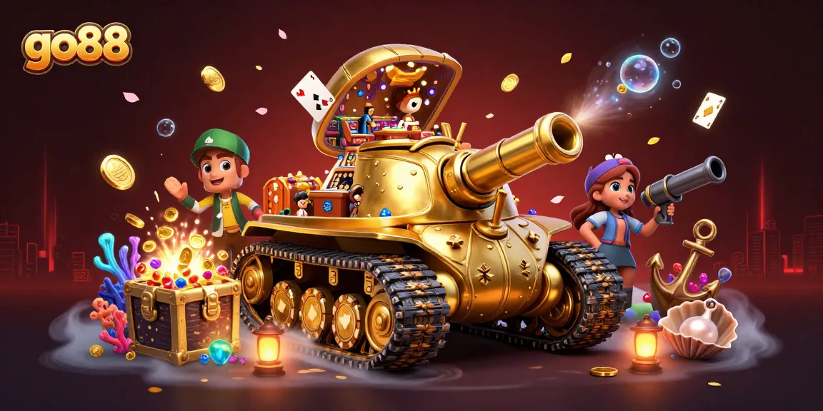 Experience the thrill of go88 with a vibrant 3D casino scene featuring a golden beetle tank and miniature games.