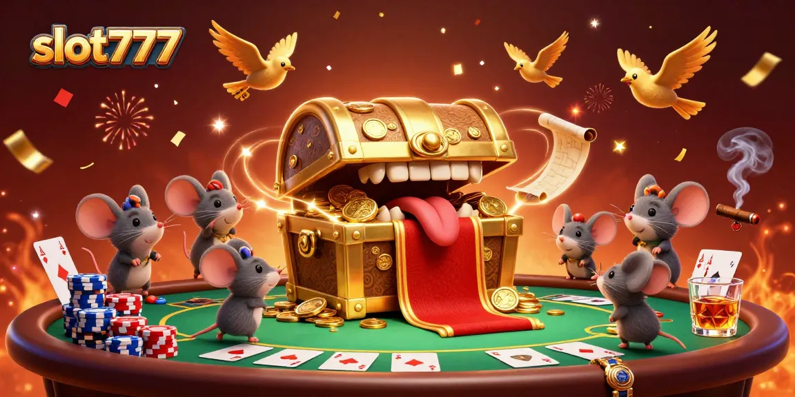 Experience the excitement of slot777 as cartoon mice are drawn to a treasure chest filled with riches.