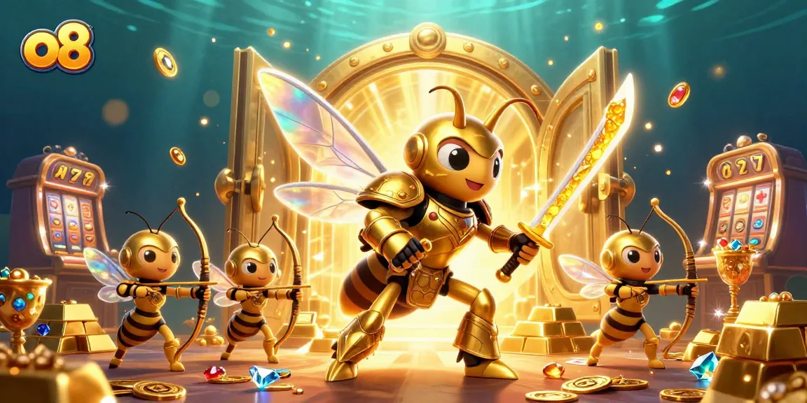 Spin the reels with o8, featuring vibrant 3D casino elements and a fantasy hornet warrior.