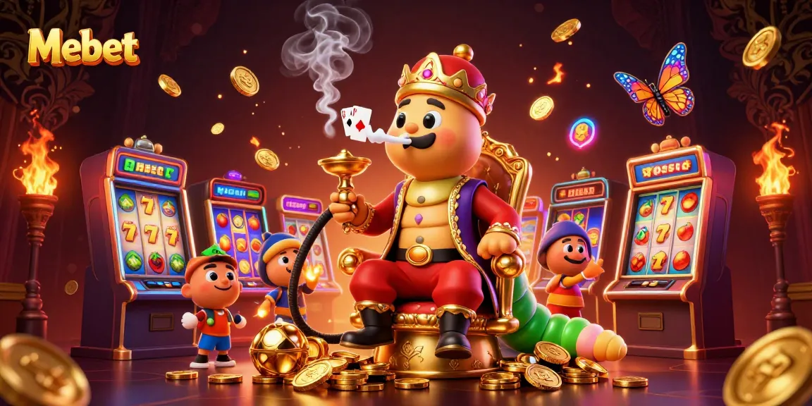 Mebet engages players with vibrant slot machines and a magical caterpillar in a rich casino illustration.