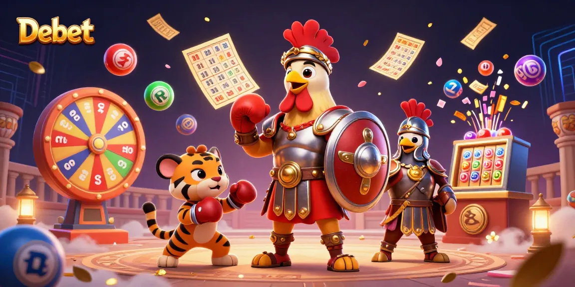 Debet showcases an exciting casino experience with a gladiator rooster, lottery elements, and engaging gaming visuals.