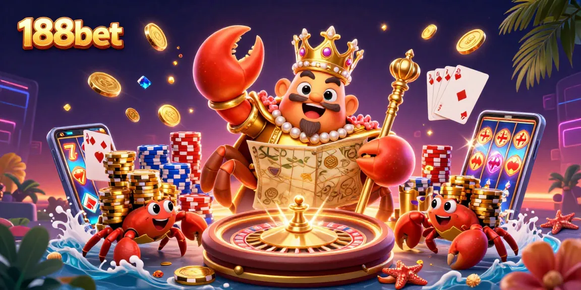 Engage with 188bet's captivating casino scene featuring a golden crab emperor and vibrant gaming elements.
