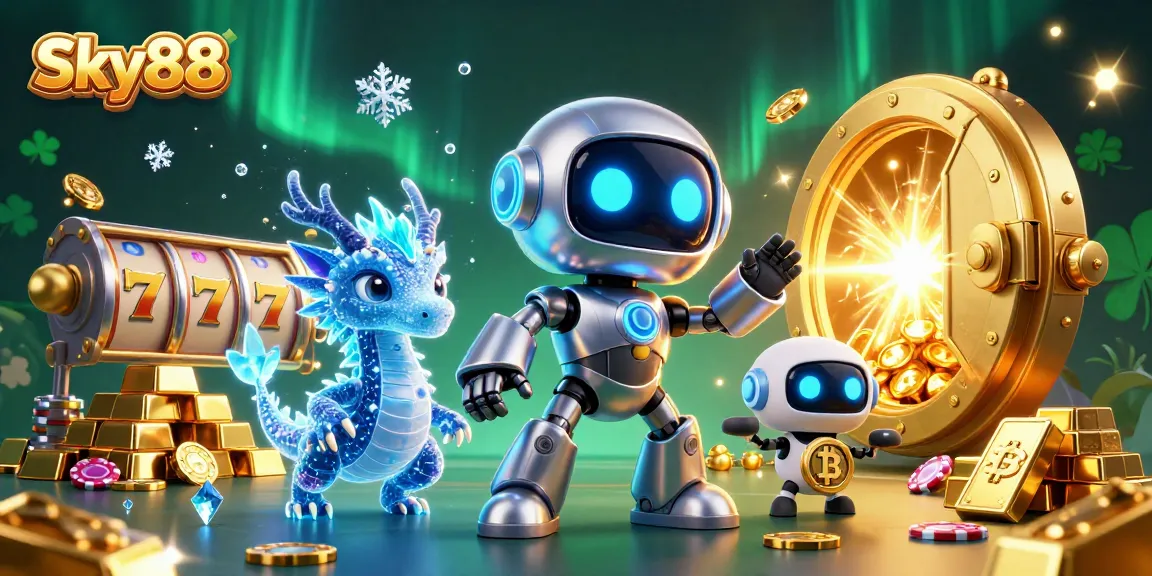 Experience thrilling slots and jackpots with Sky88 in this vibrant 3D casino scene.