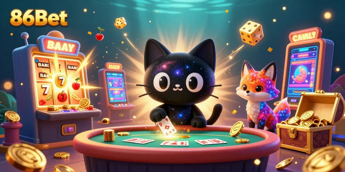 Experience the excitement of 86Bet with a cosmic casino scene featuring a black hole cat and vibrant elements.