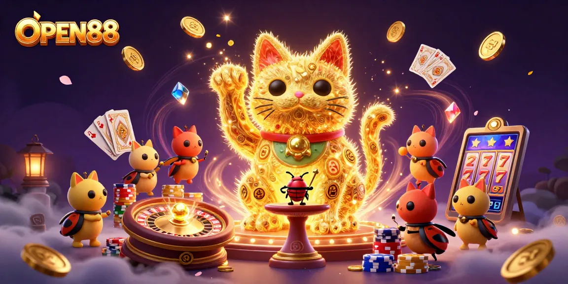 Engage with OPEN88's gaming magic featuring a giant lucky cat and dynamic casino elements.