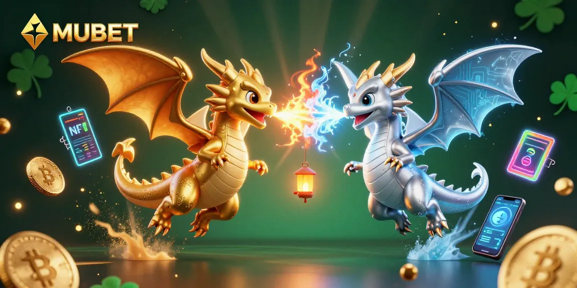MUBET illuminates a thrilling casino scene with dual dragons and dynamic crypto elements, igniting excitement.