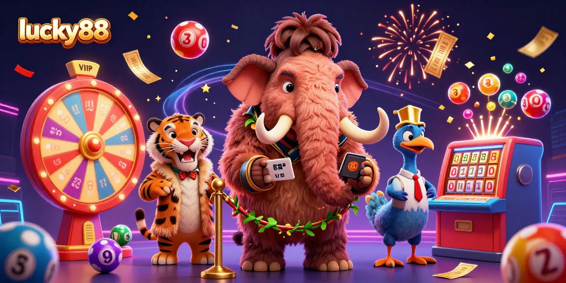 Join the excitement of lucky88 with a vibrant casino scene featuring colorful lottery elements and engaging characters.