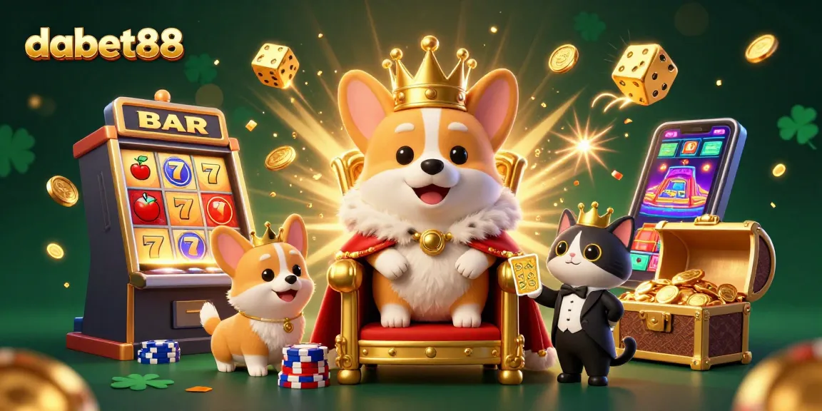 dabet88 offers an exciting gaming experience with corgis, golden coins, and vibrant casino themes.