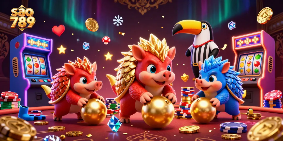 Sao 789 showcases rival pangolins in a vibrant casino scene, rolling through poker chips and celebrating with a toucan referee.