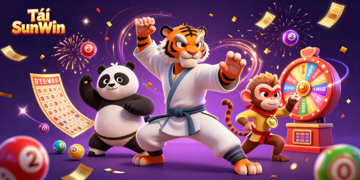 Tải SunWin features an exciting 3D scene with kung fu characters engaging in fun casino activities, showcasing colorful lottery elements and a vibrant atmosphere.