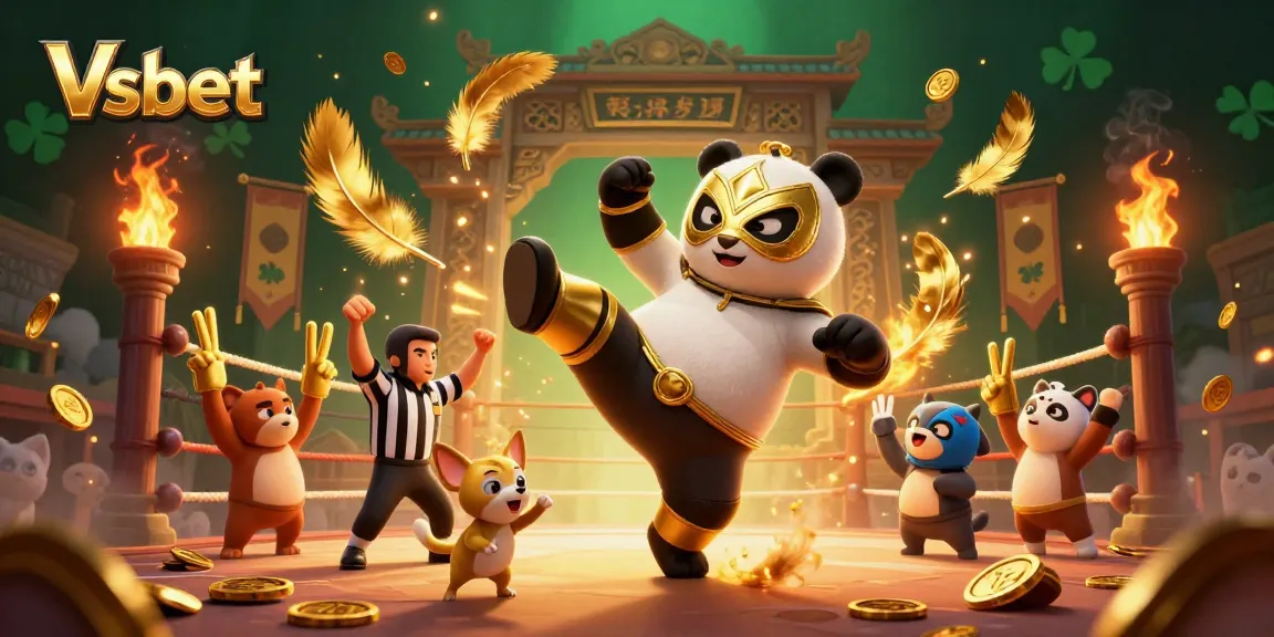 Vsbet showcases a festive scene with animal characters amid vibrant casino game elements, capturing dynamic excitement.
