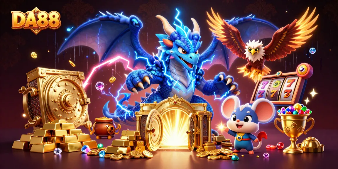 Engage with DA88 in a vibrant casino scene featuring dragons, gems, and slot reels.