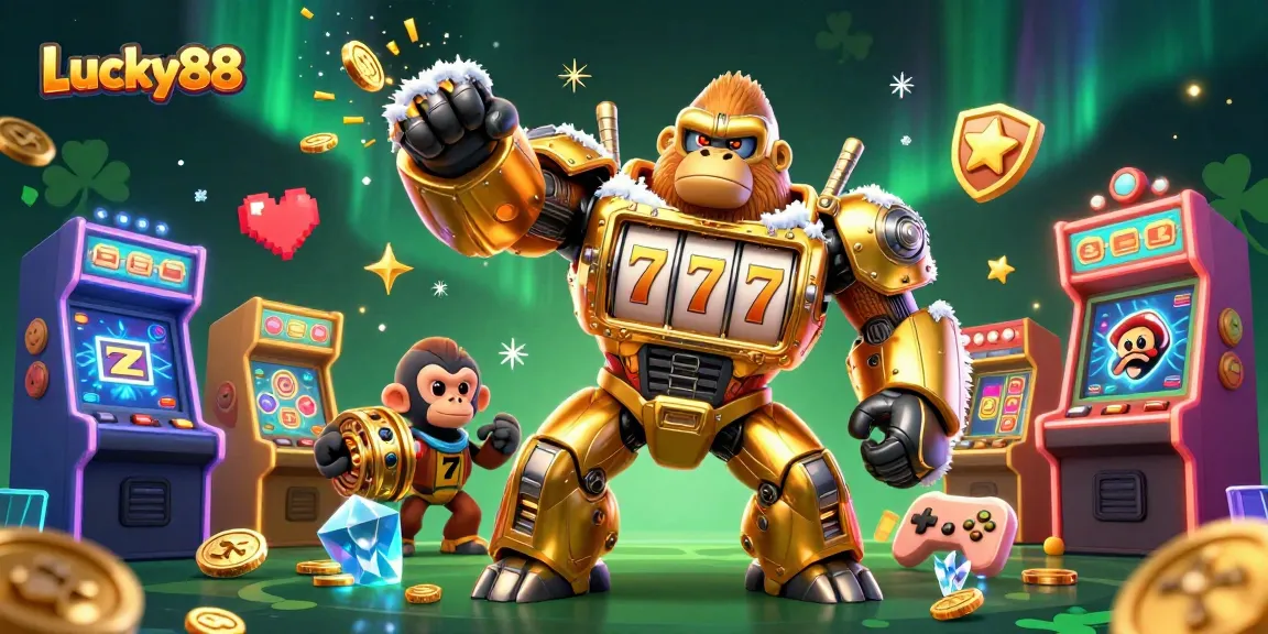 Spin into excitement with Lucky88, featuring a golden gorilla mech amidst colorful gaming elements.