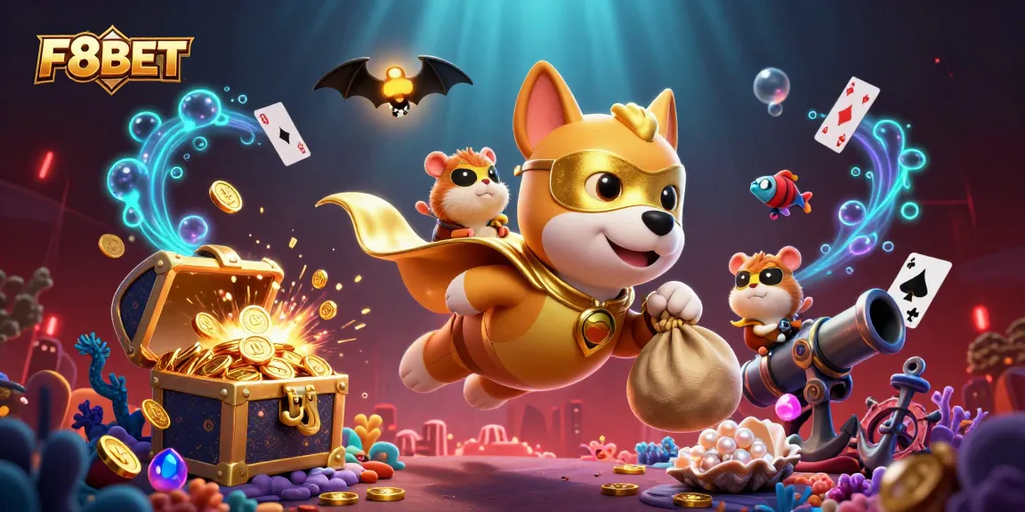 F8BET showcases a cartoon superhero dog and sidekick, celebrating winnings amidst vibrant casino-themed elements.