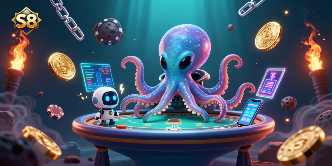 S8 casino scene with an alien octopus playing poker, Bitcoin and Ethereum coins, and vibrant blockchain elements.