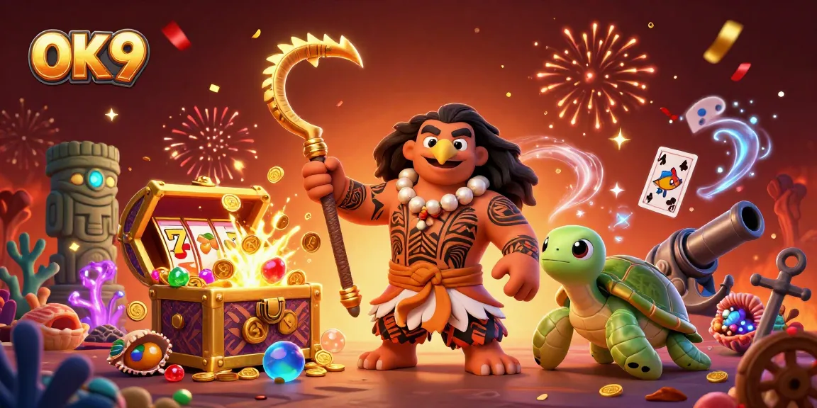 Engage in thrilling slots at OK 9 with vibrant characters and dazzling casino elements.