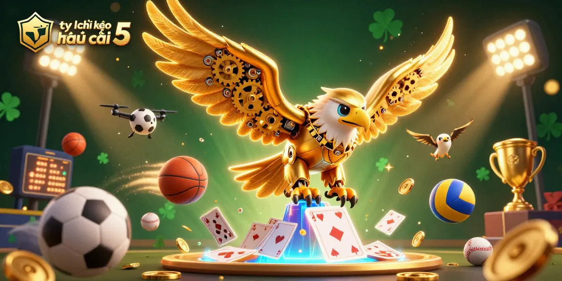 Engage with tỷ lệ kèo nhà cái 5 in an exciting 3D dynamic scene featuring golden eagle and sports elements.