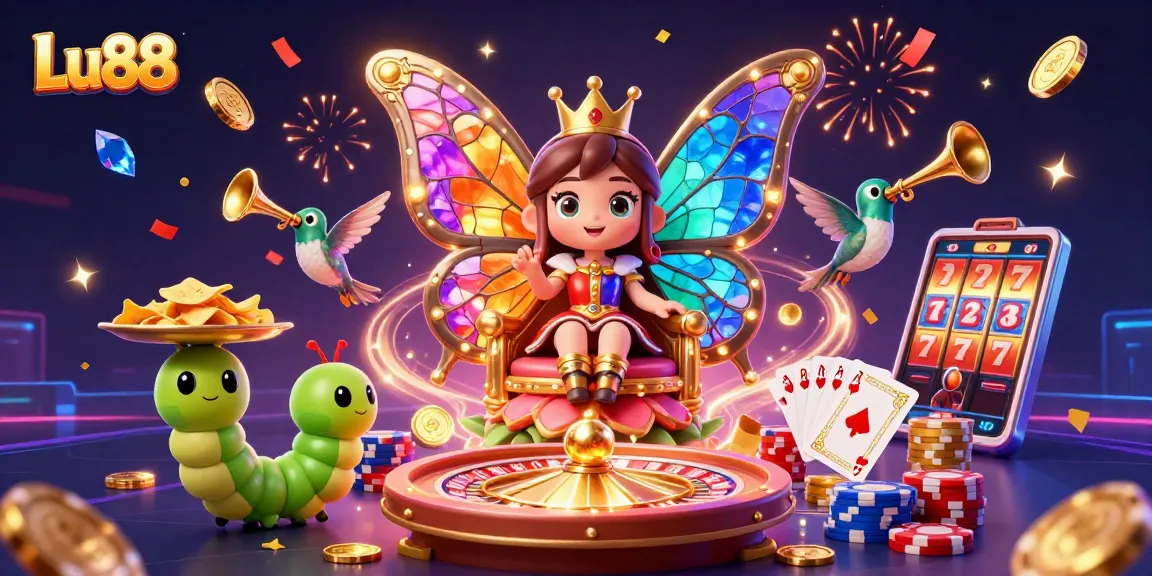 Experience the excitement of Lu88 with a vibrant casino scene featuring a butterfly queen and gaming elements.