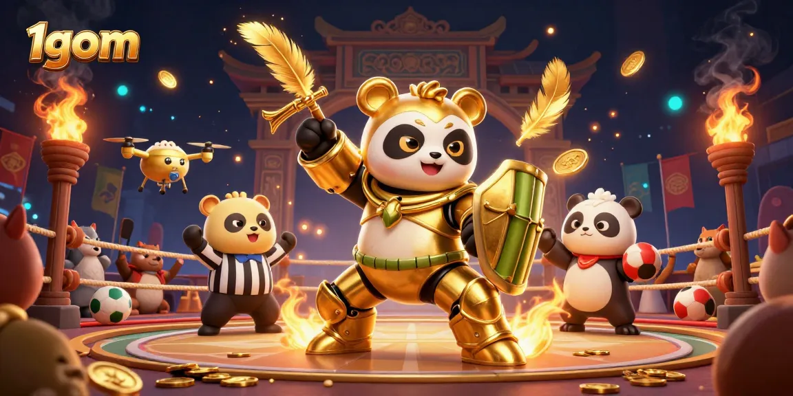 Experience 1gom's dynamic sports betting arena with a golden panda in mech-suit.