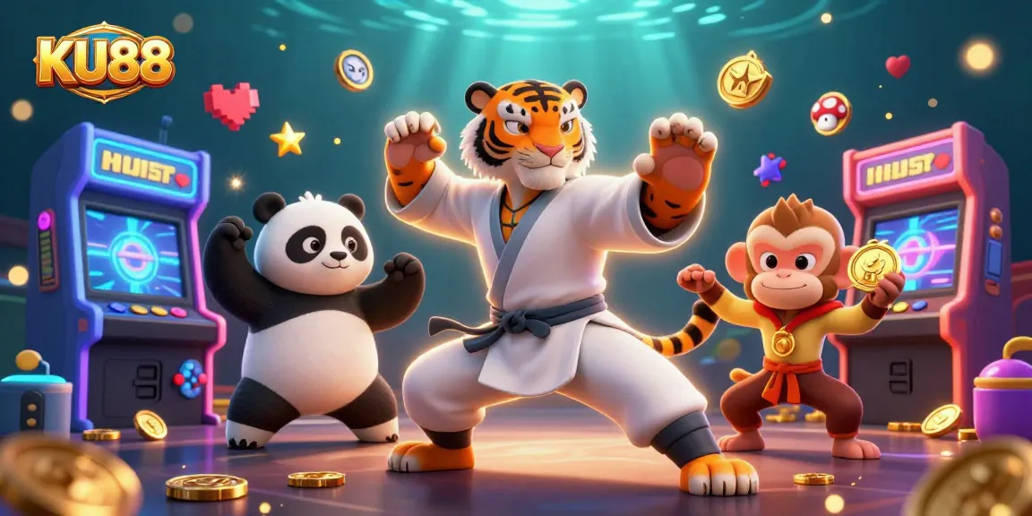 Experience thrilling wins at KU88 with a colorful 3D casino scene featuring entertaining characters.